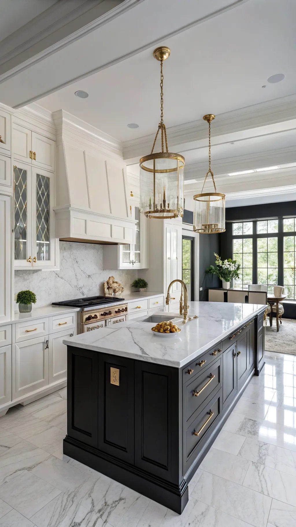 Elegant black and white kitchen featuring a large island, marble countertop, and sophisticated cabinetry.