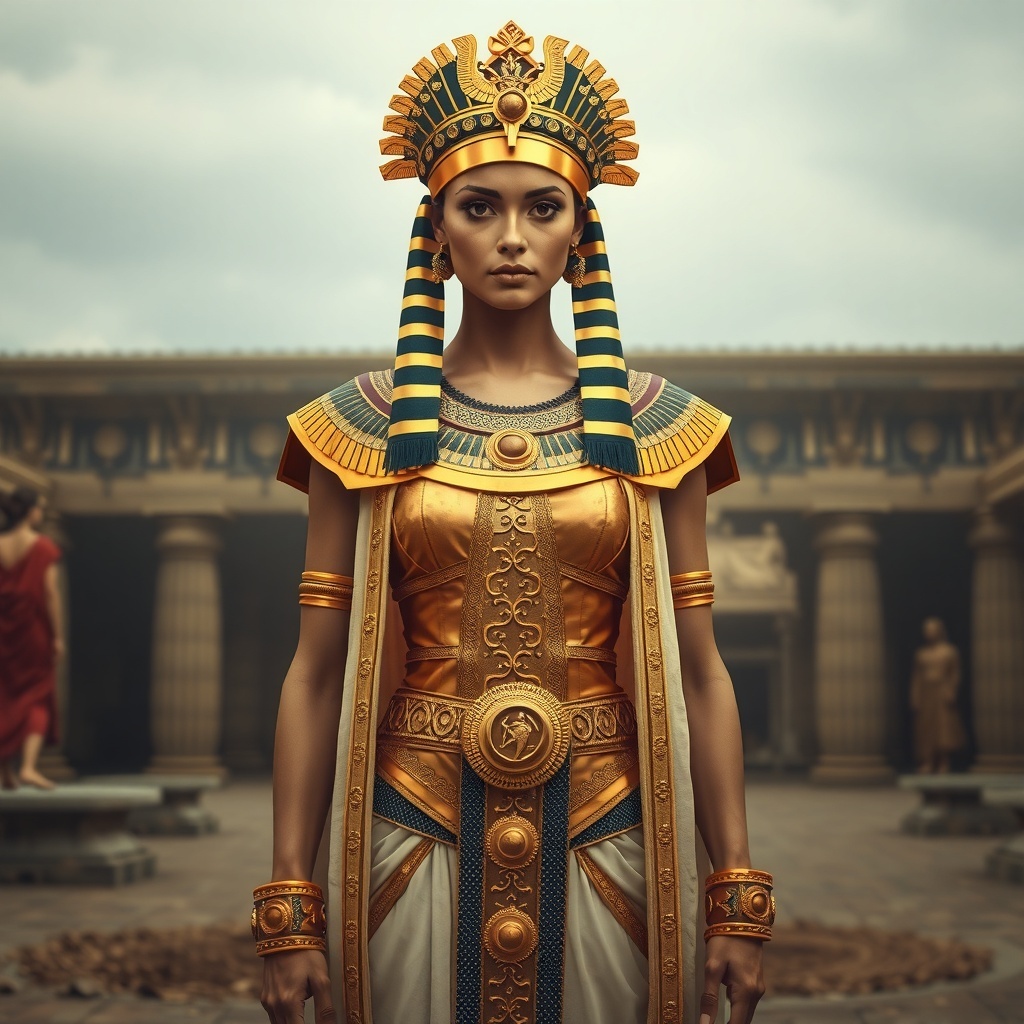50 Spooktacular Halloween Costumes for Every Theme and Style A woman dressed in an elegant Cleopatra costume, featuring a gold and white dress and a striking headdress.