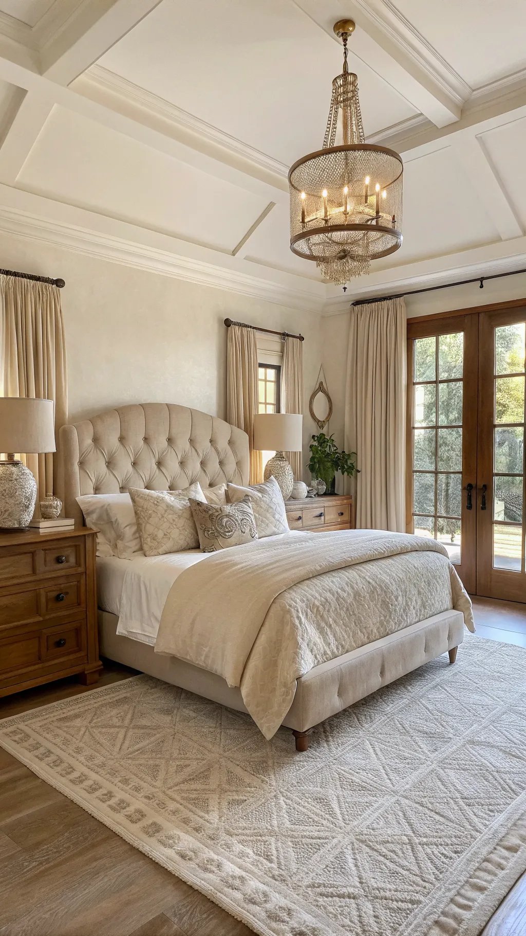 Elegant cream bedroom with tufted headboard, soft bedding, and a beautifully designed chandelier