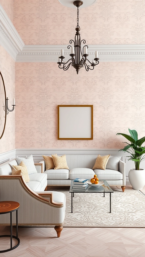 A stylish living room with light pink damask wallpaper, elegant furniture, and a potted plant.
