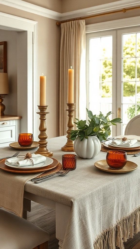 Elegant fall dining table decor with candles, pumpkins, and nature elements.