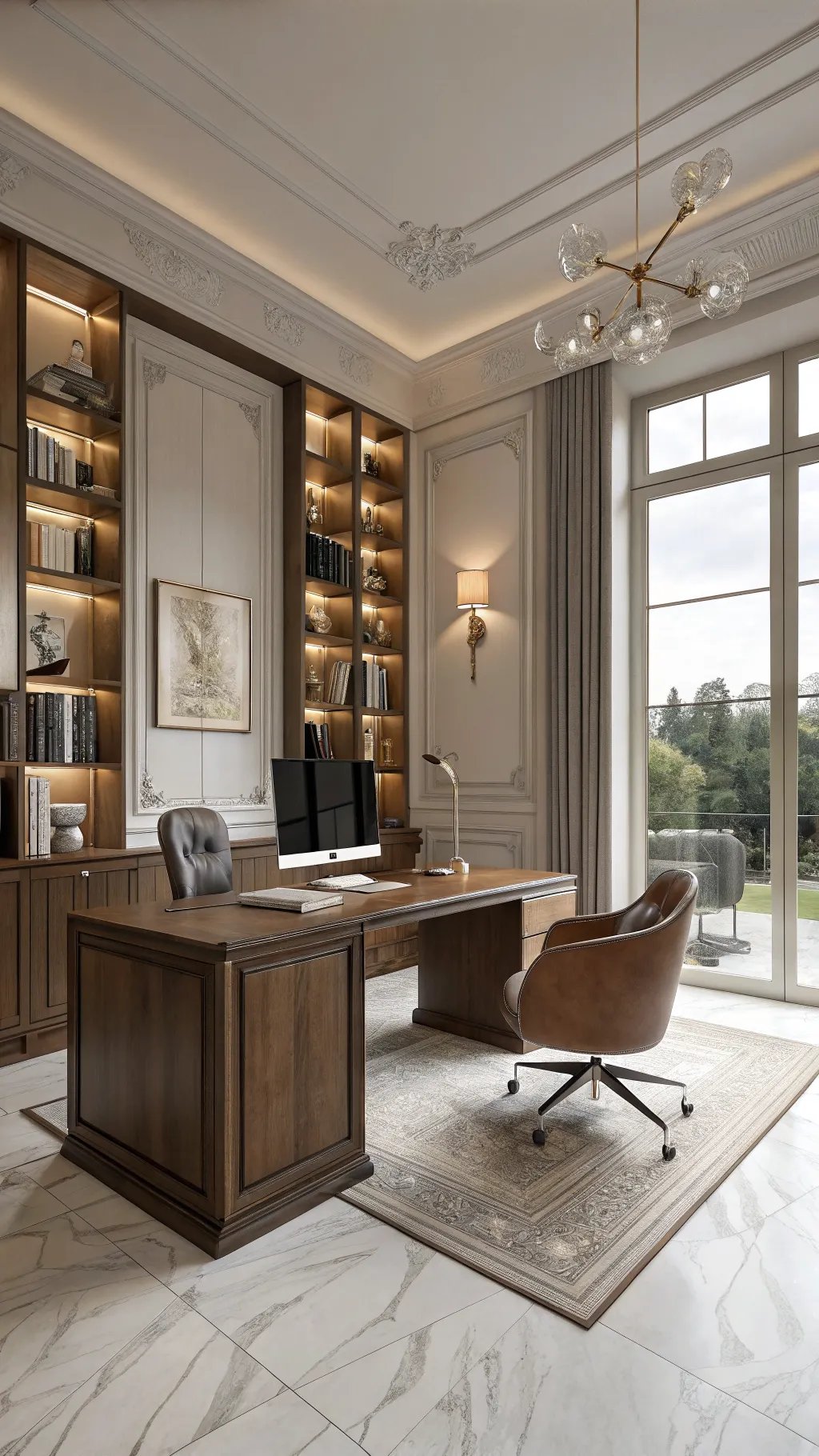 Elegant Italian office featuring wooden cabinetry, a stylish desk, and large windows.
