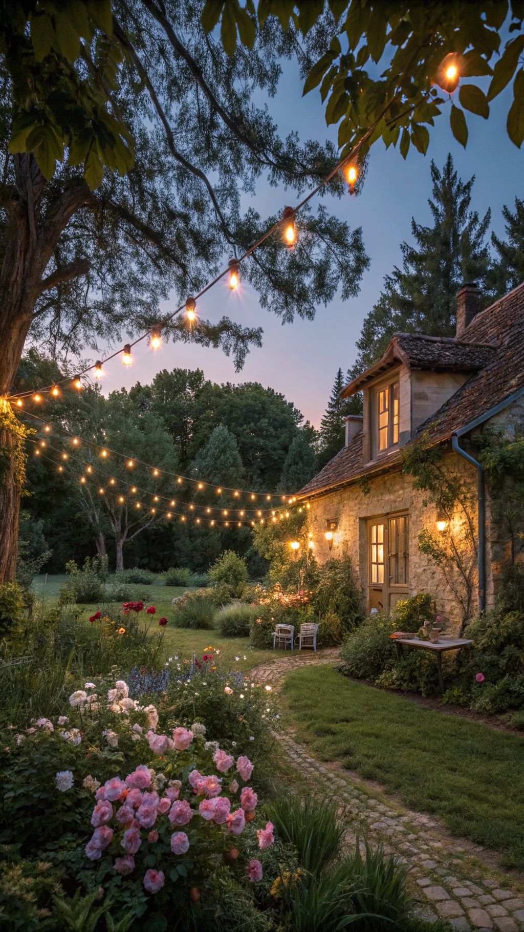 Creating Your Dream French Cottage Garden: A Romantic European Escape A French cottage garden illuminated by string lights at dusk, featuring blooming flowers and a cozy atmosphere.