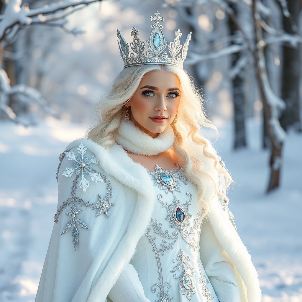 50 Spooktacular Halloween Costumes for Every Theme and Style A woman dressed as a Snow Queen in a snowy forest, wearing a crown and elegant gown.