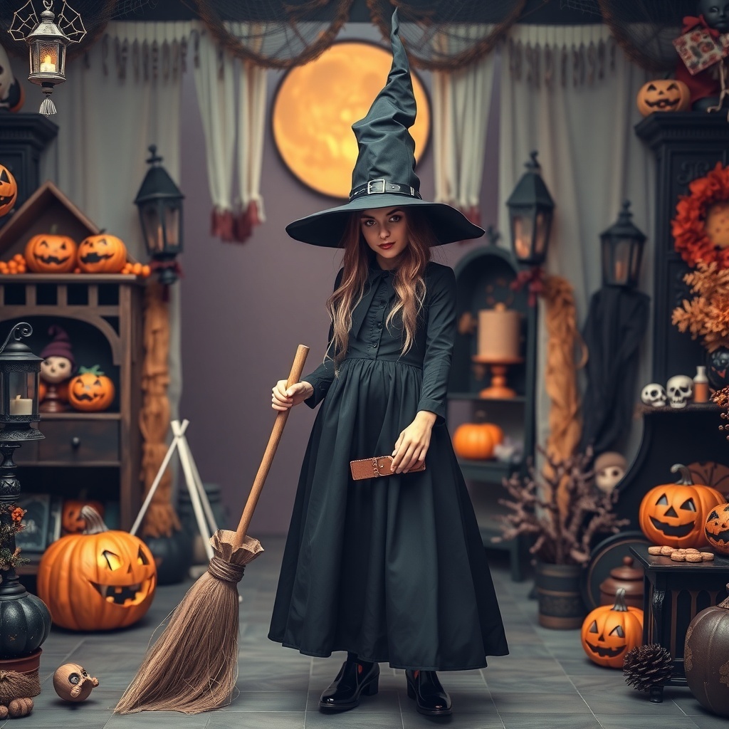 50 Spooktacular Halloween Costumes for Every Theme and Style A young woman in a black witch costume with a large pointed hat, holding a broomstick, surrounded by Halloween decorations and pumpkins.