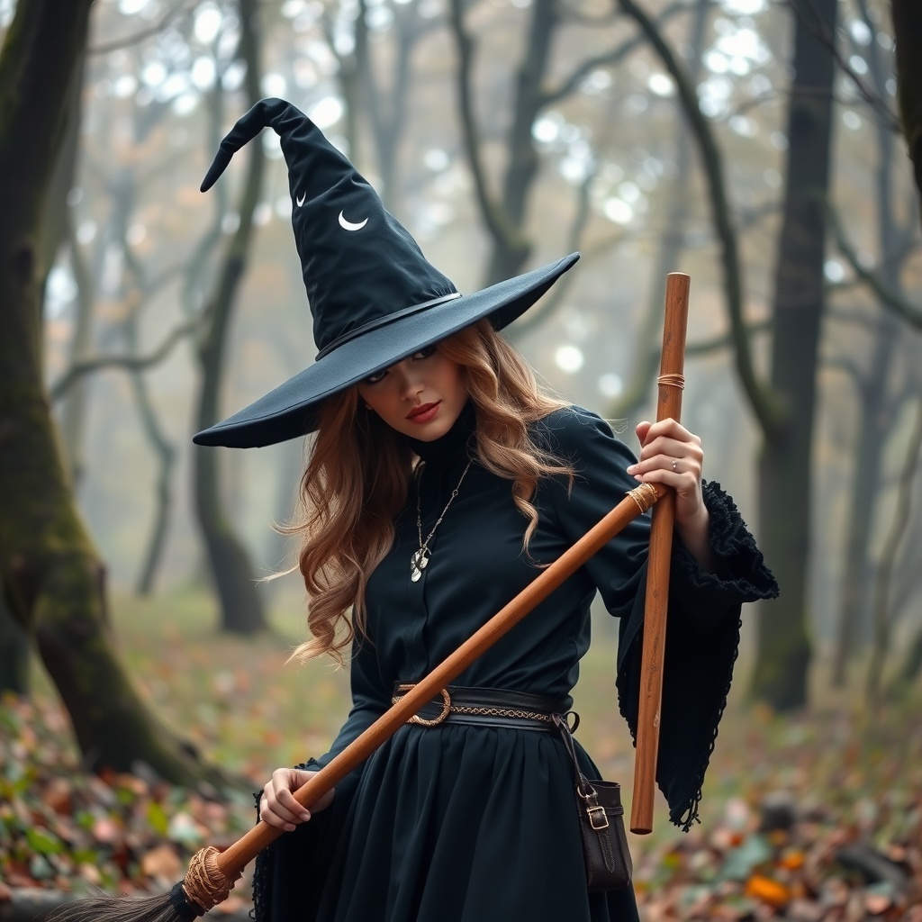 50 Spooktacular Halloween Costumes for Every Theme and Style A woman in a black witch costume with a wide-brimmed hat and broomstick, standing in a misty forest.