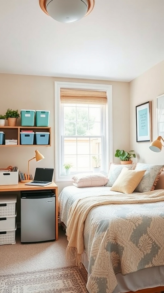 a neat and stylish dorm room with a bed, desk, mini fridge, and decorative items