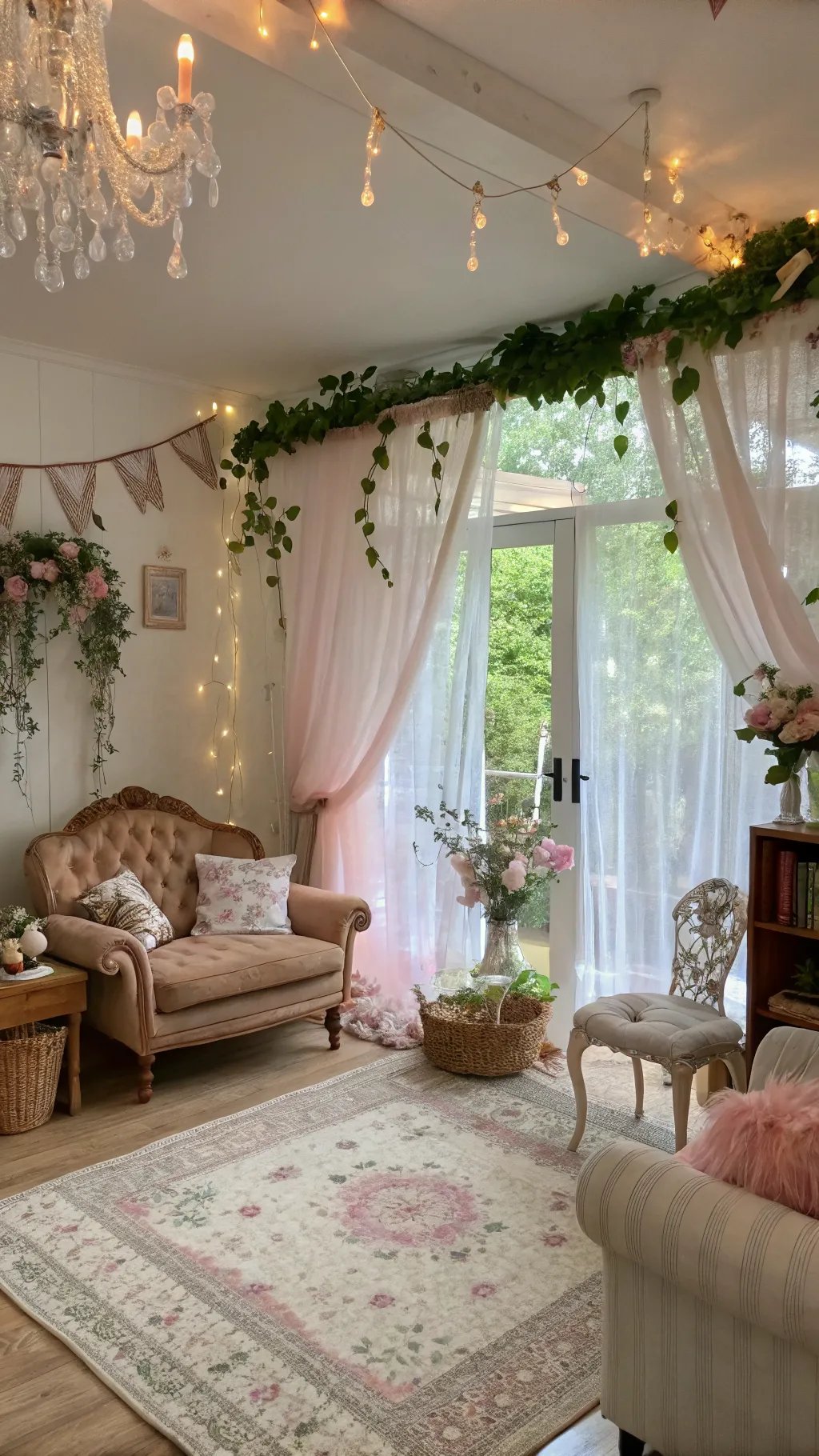 A whimsical living room with soft pink curtains, greenery, and vintage decor.