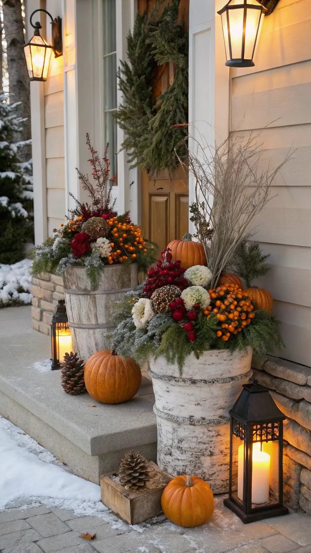 Seasonal planter ideas featuring pumpkins, flowers, and lanterns in a cozy entryway.