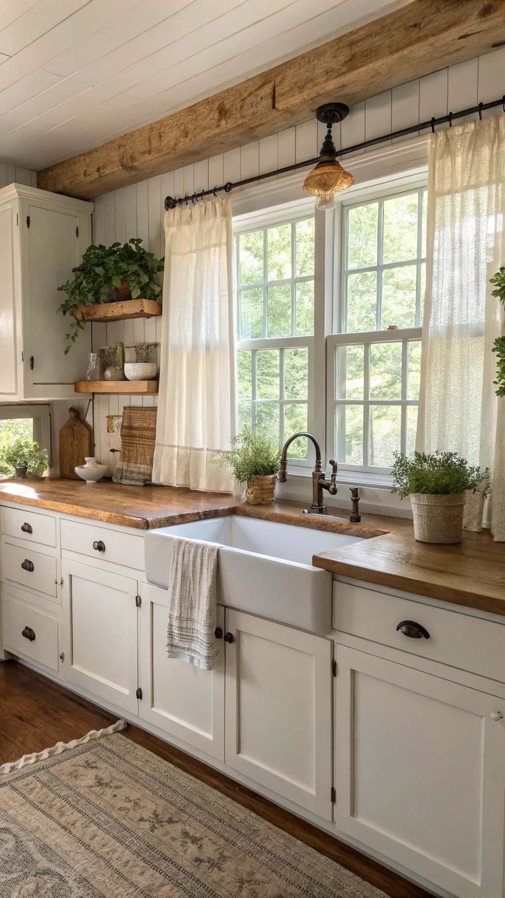 A cozy farmhouse kitchen with light sheer curtains, wooden countertops, and rustic decor.