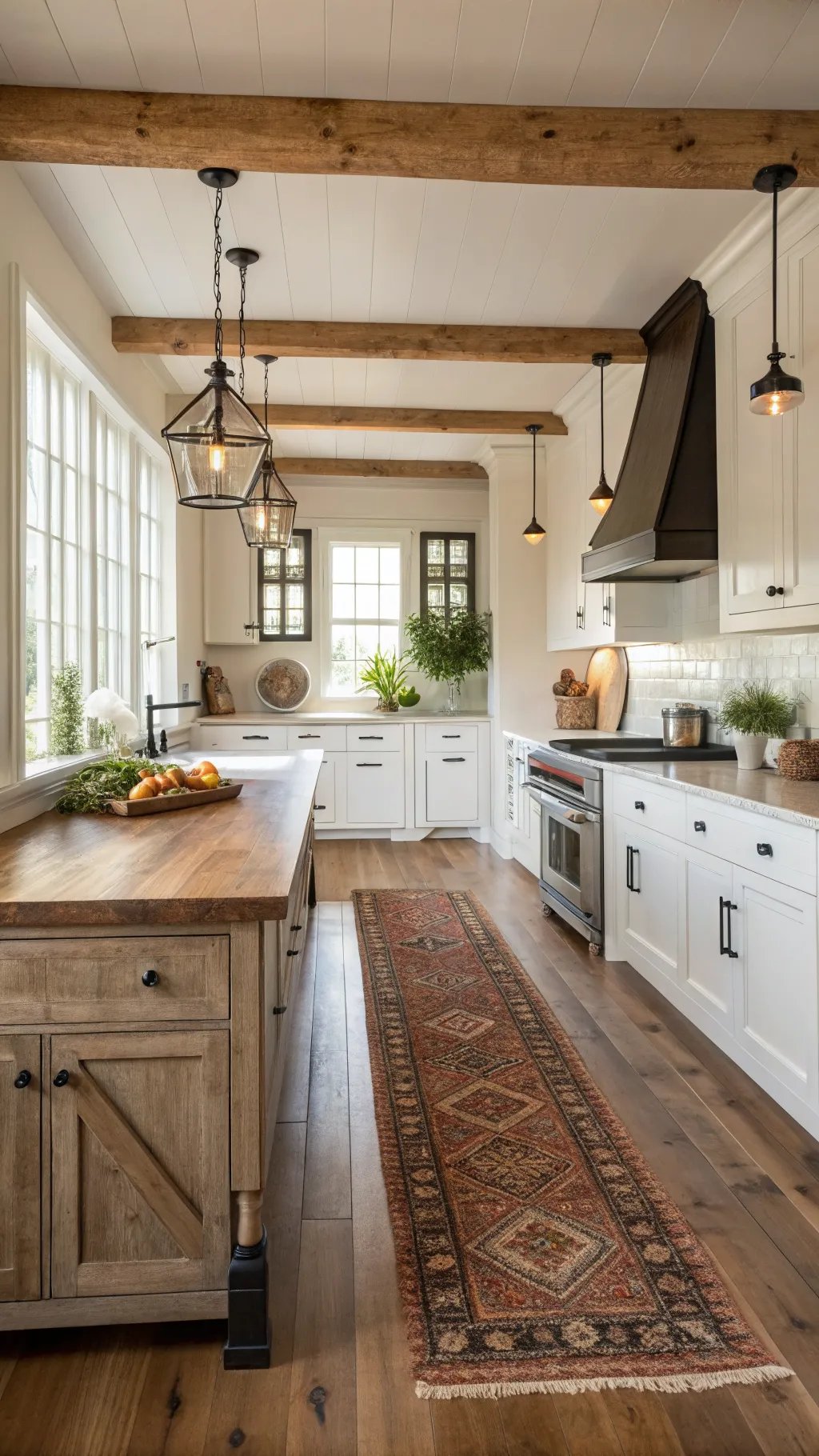 A warm and inviting farmhouse kitchen featuring wooden flooring and a decorative rug.