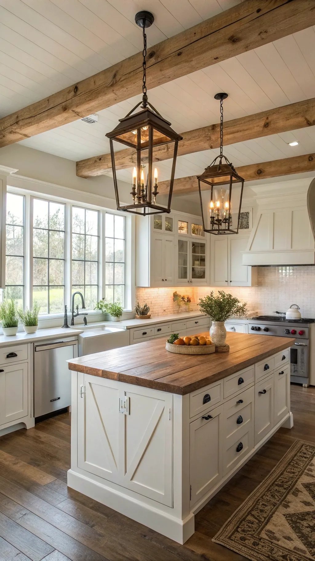 A beautifully designed farmhouse kitchen with pendant lighting and wooden beams