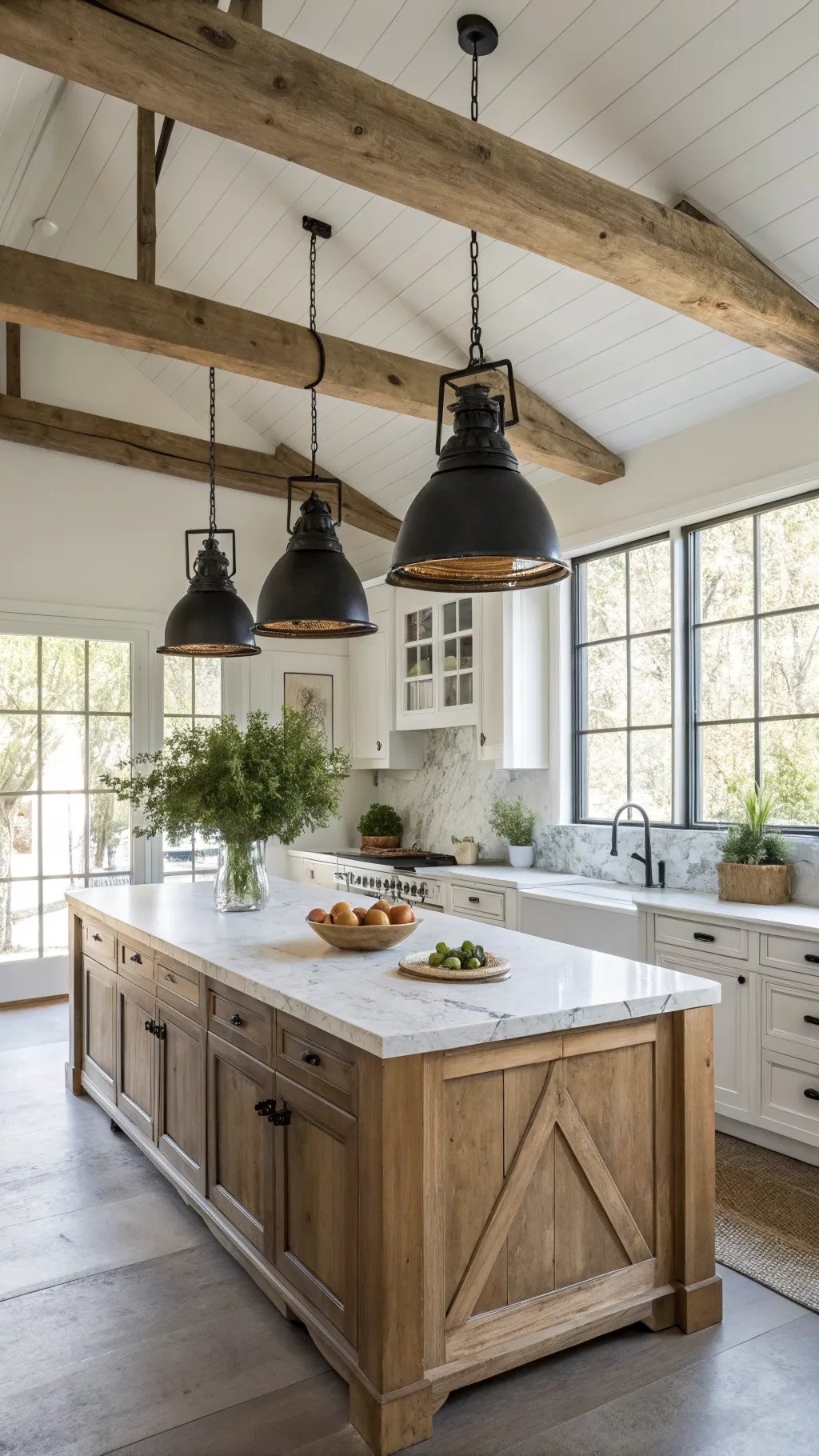 A beautifully designed kitchen with farmhouse pendant lights and wooden beams