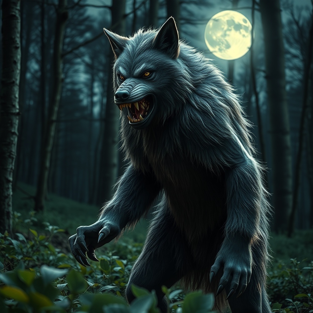 50 Spooktacular Halloween Costumes for Every Theme and Style A fearsome werewolf standing in a dark forest under a full moon.
