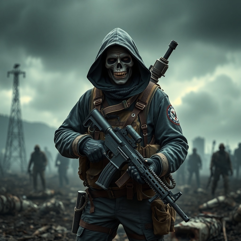 50 Spooktacular Halloween Costumes for Every Theme and Style A fearsome zombie hunter in tactical gear, holding a weapon, with a skull mask and shadowy zombies in the background.