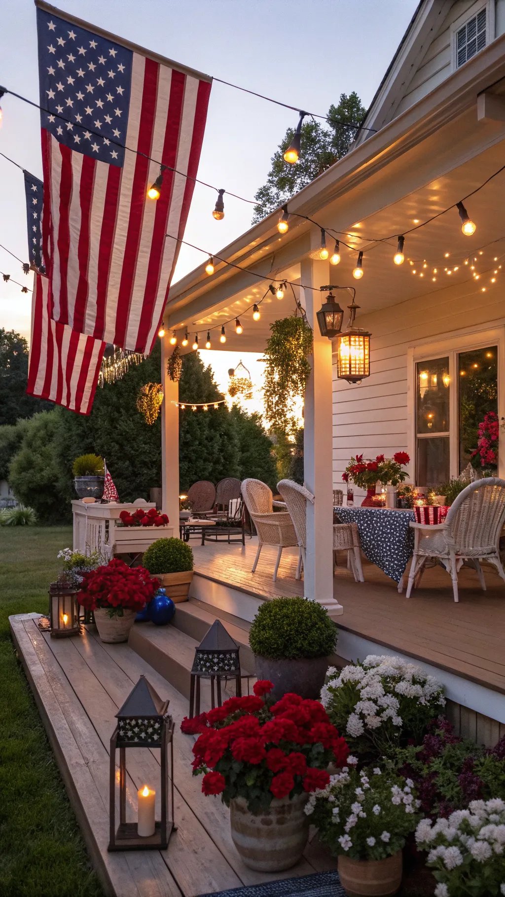 Festively decorated front porch for Fourth of July celebration.