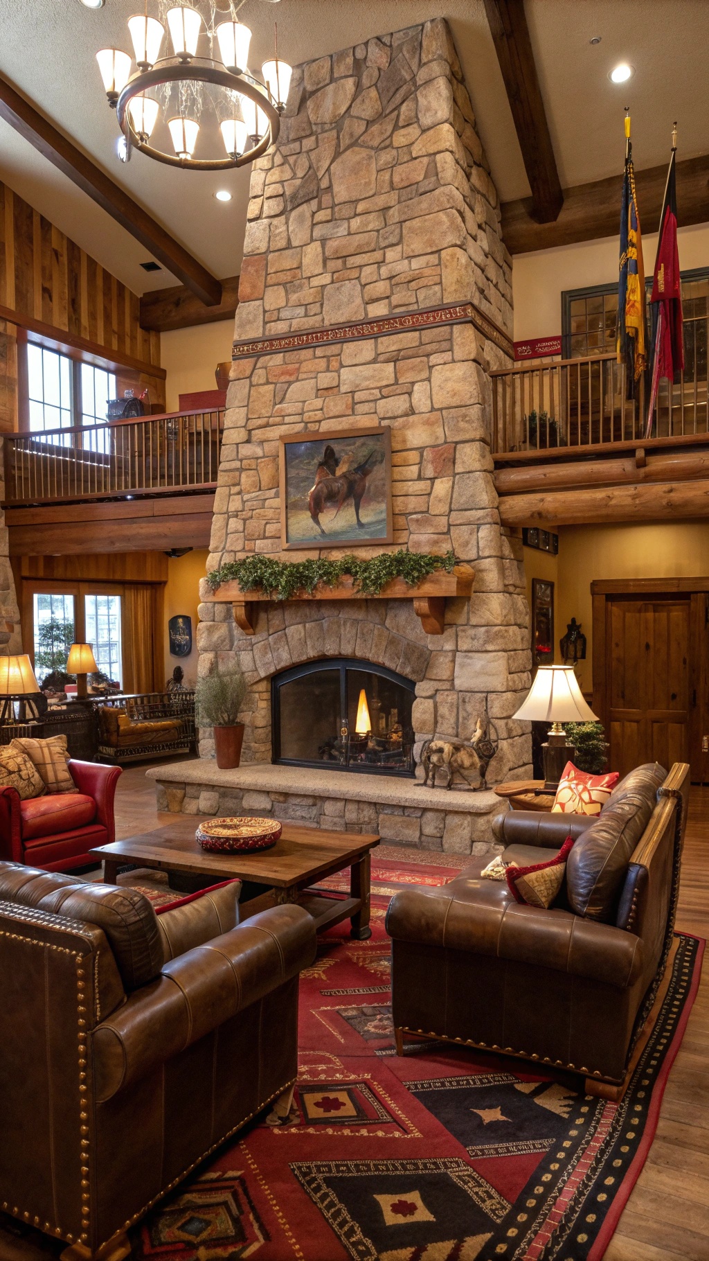 35 Must-Have Items for the Perfect Cowboy Living Room Cozy cowboy living room with a stone fireplace, leather sofas, and rustic decor.