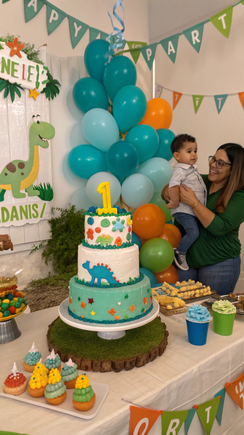 A colorful first birthday party setup with a dinosaur-themed cake, balloons, and a happy child with a parent.