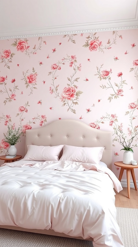 A bedroom with light pink floral wallpaper featuring roses and butterflies, complemented by soft pink bedding and a cozy atmosphere.
