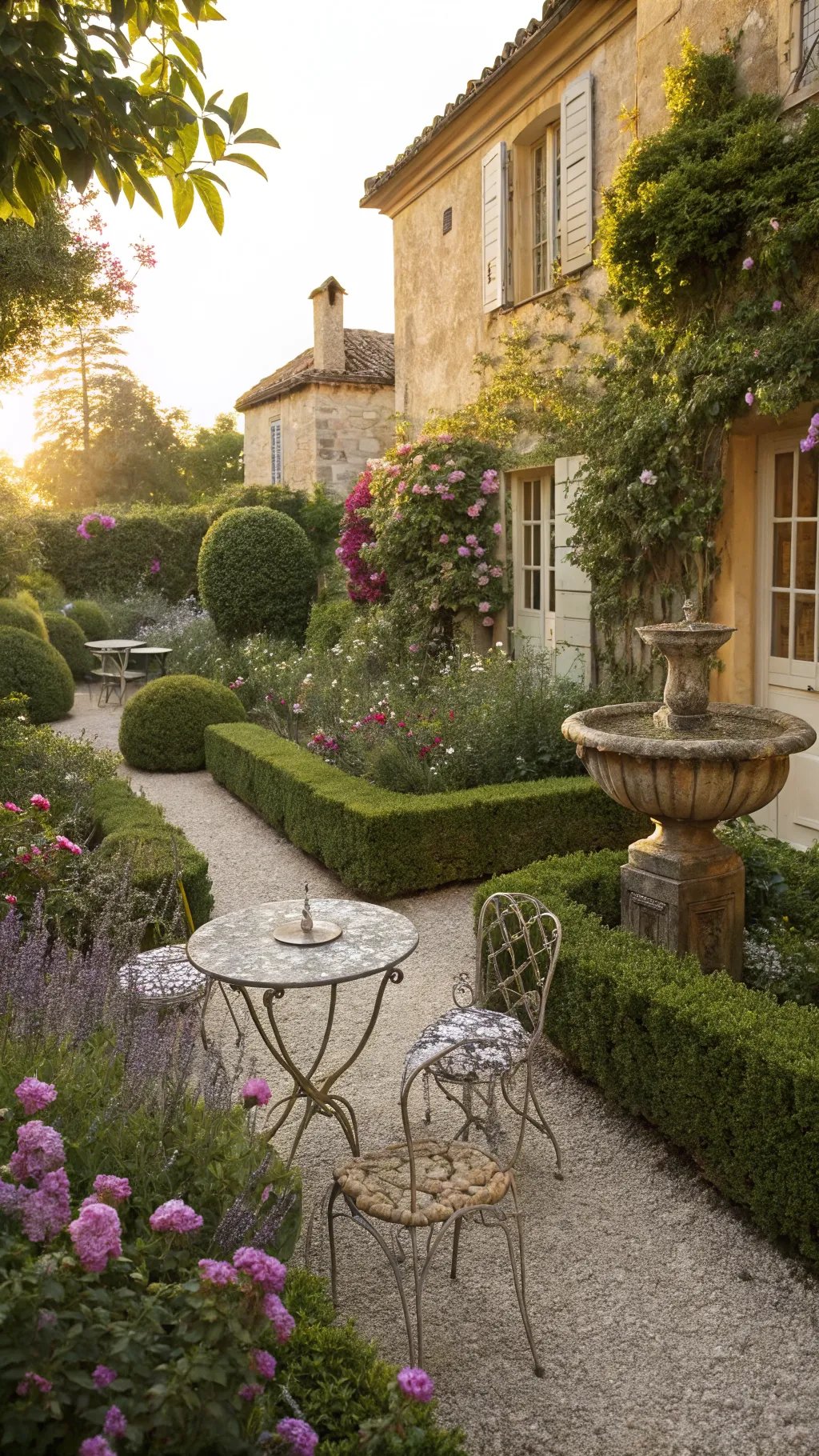 A beautiful French cottage garden with a stone fountain and ornate metal table