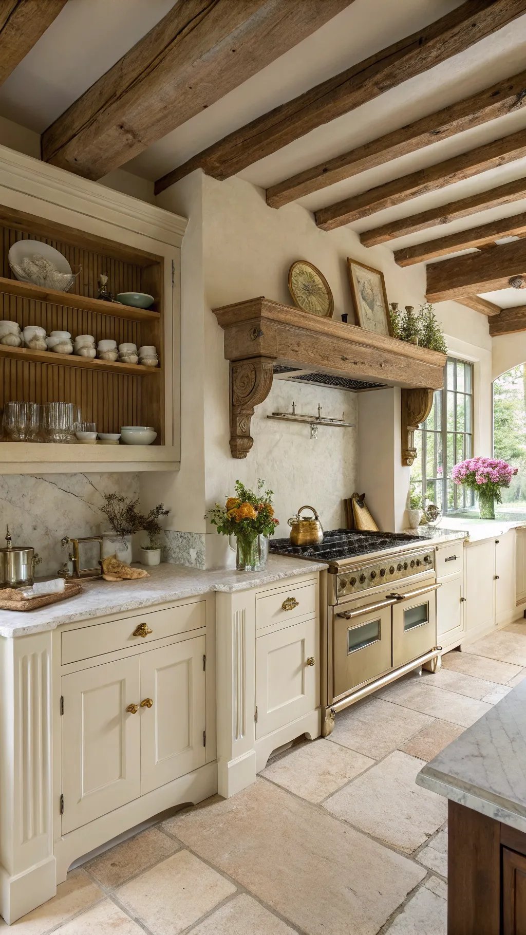 A cozy French cottage kitchen with creamy cabinets, wooden beams, and a marble countertop.