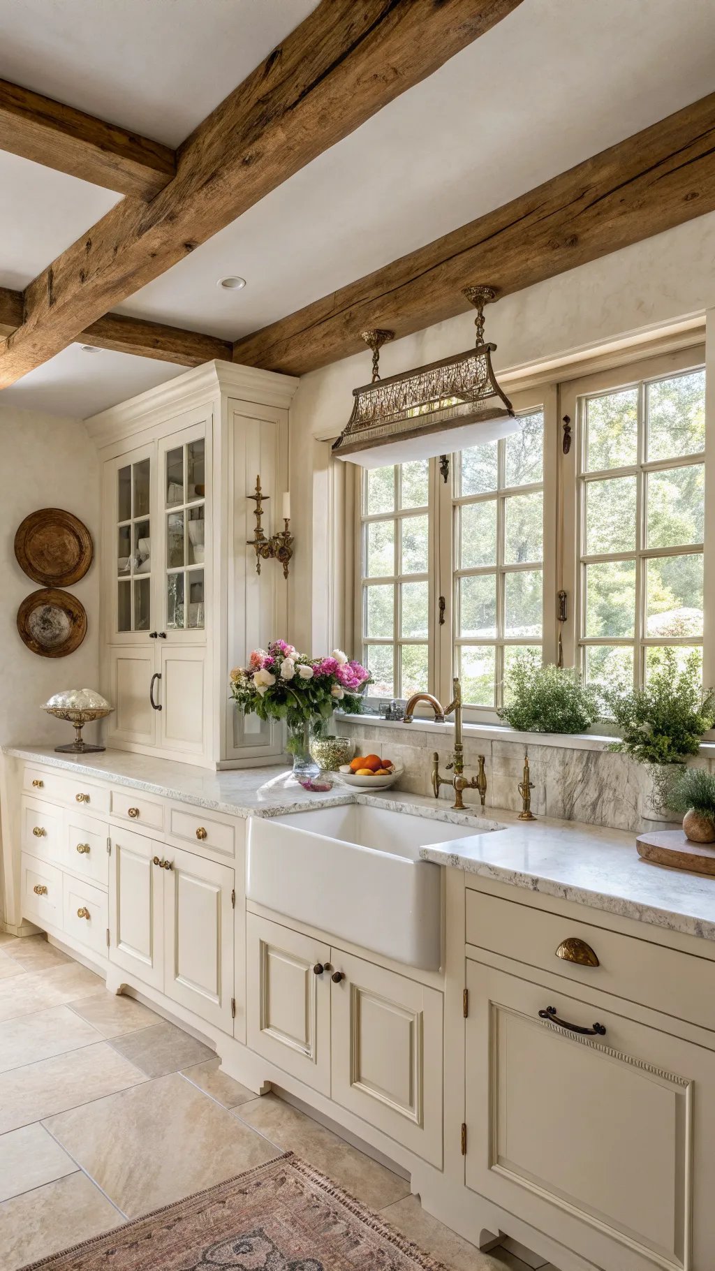 A rustic and elegant French cottage kitchen featuring wooden beams, marble countertops, and a cozy atmosphere.