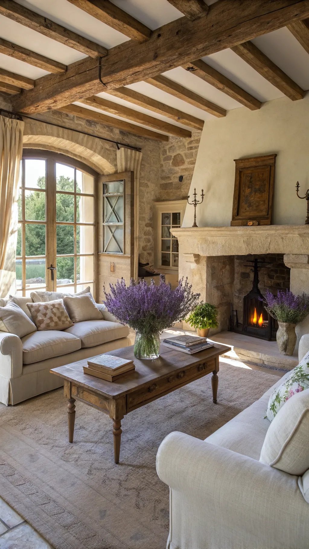 A beautiful French country living room featuring rustic elegance with wooden beams, a stone fireplace, and floral arrangements.