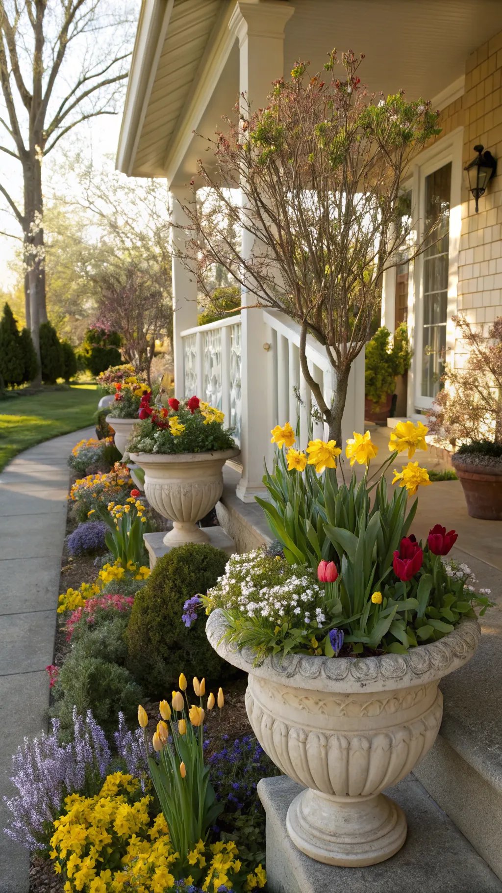 Colorful spring planters with diverse flowers in a front yard setting.