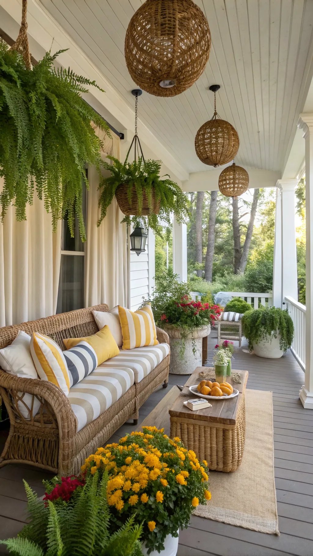 A summer porch decorated with hanging ferns, a cozy sofa, colorful flowers, and natural light fixtures.