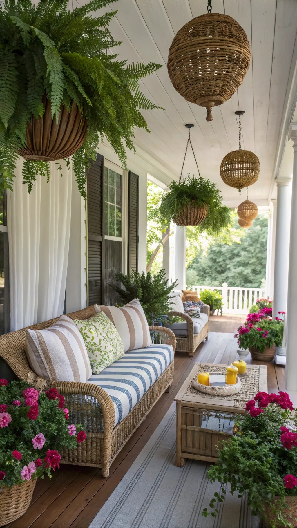 A cozy summer porch with wicker furniture, striped cushions, hanging ferns, and colorful flower pots.