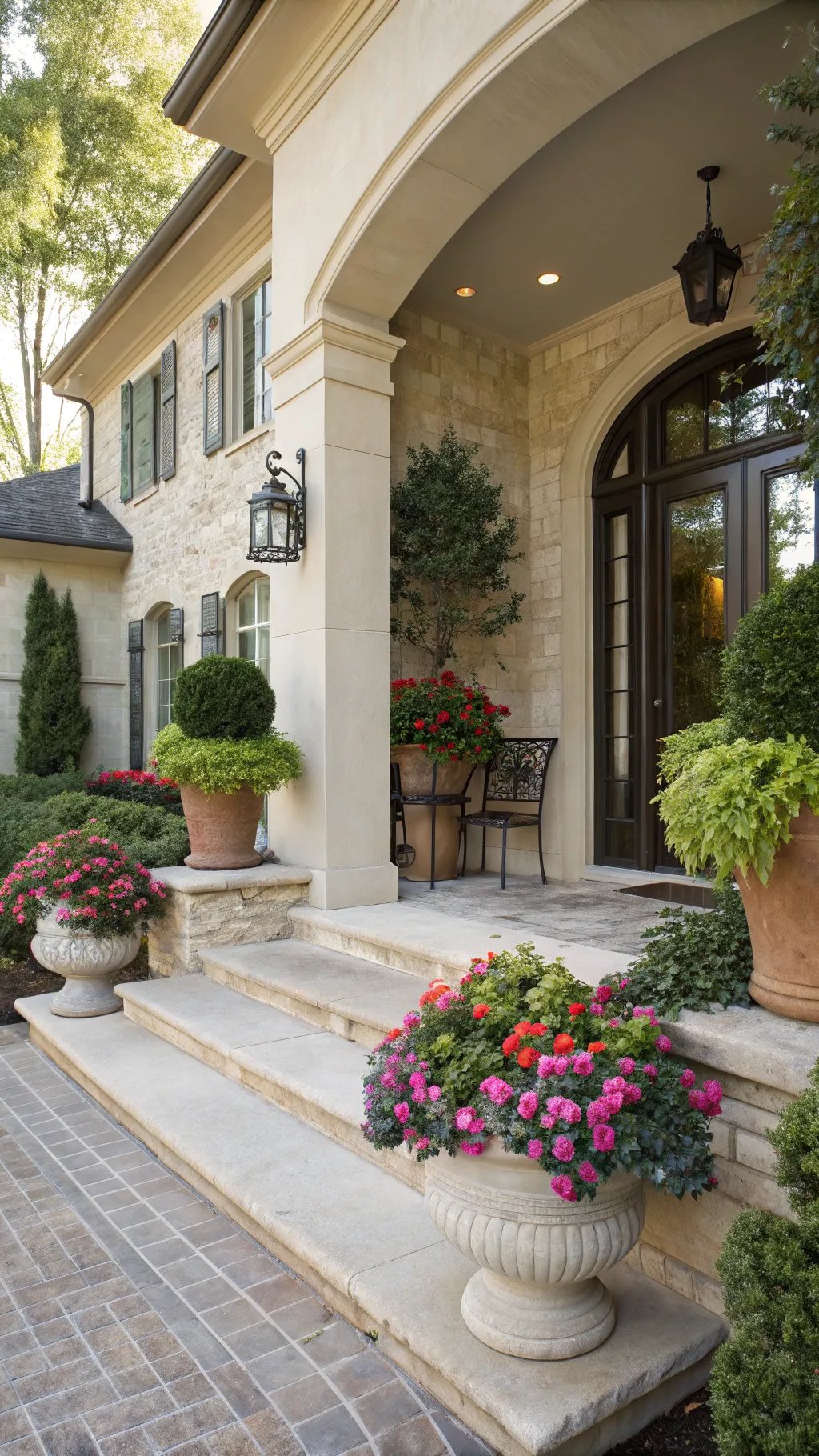 A stylish front porch with colorful flower planters, showcasing a warm and inviting entrance.
