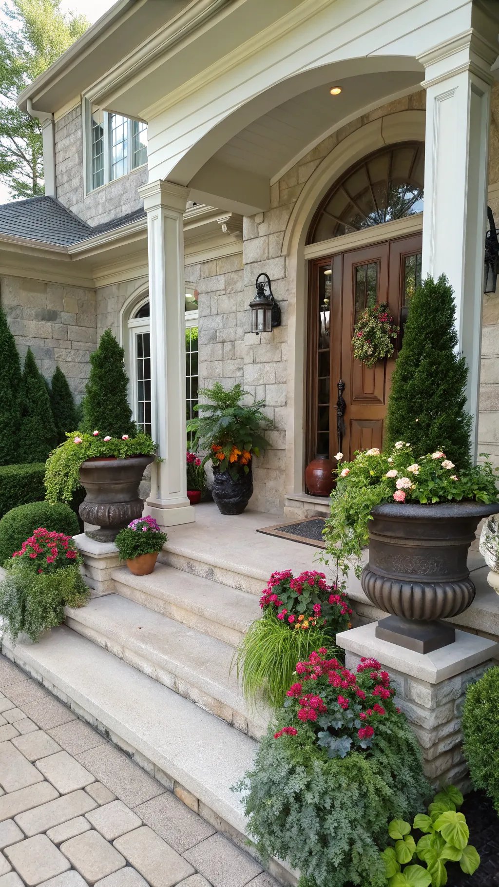Beautifully arranged planters with vibrant flowers on a front porch