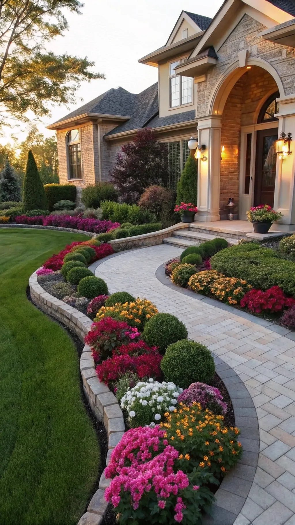 Beautiful front yard garden with colorful flowers and a stone pathway.