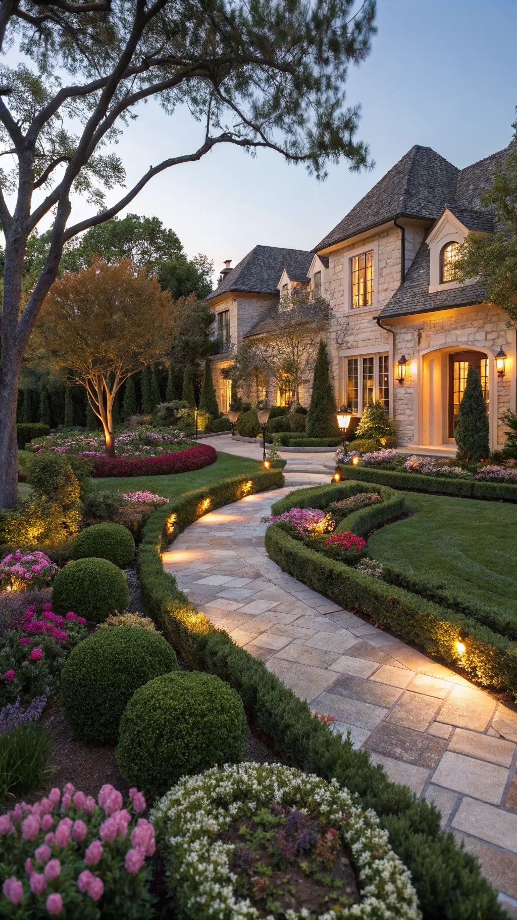 Elegant front yard landscaping with a curved path and vibrant flowers