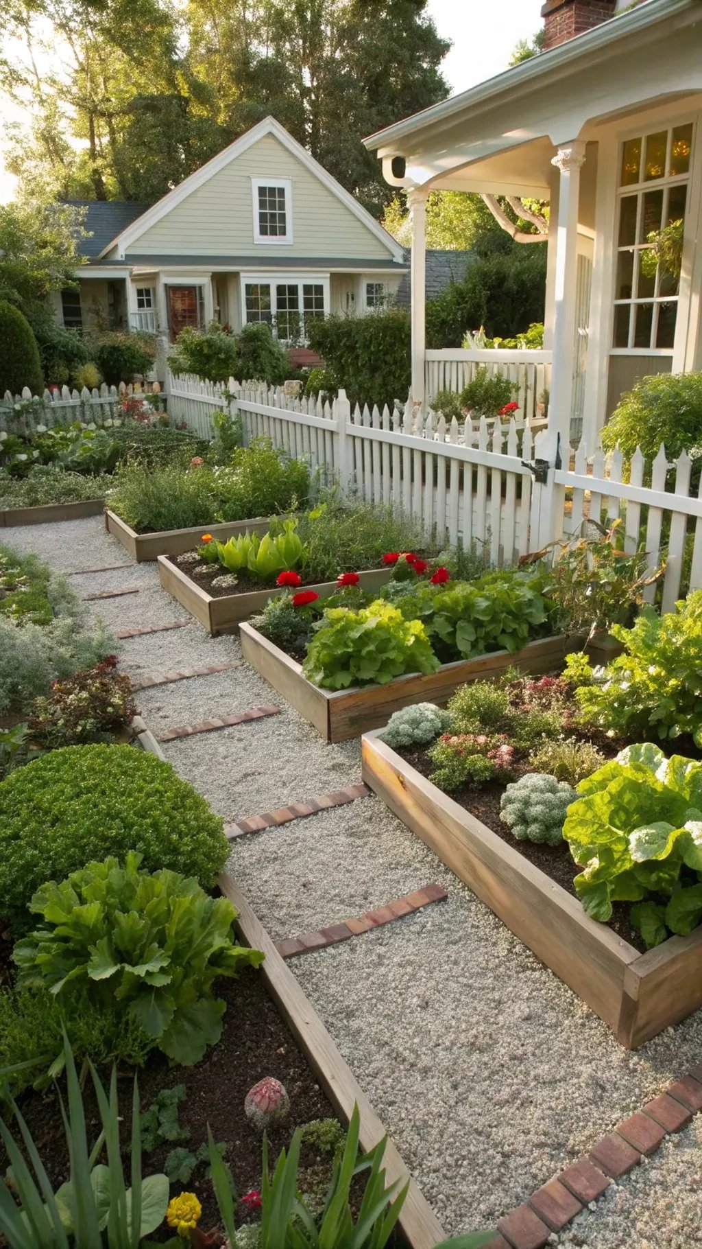 A charming front yard vegetable garden with raised beds, colorful flowers, and a white picket fence.