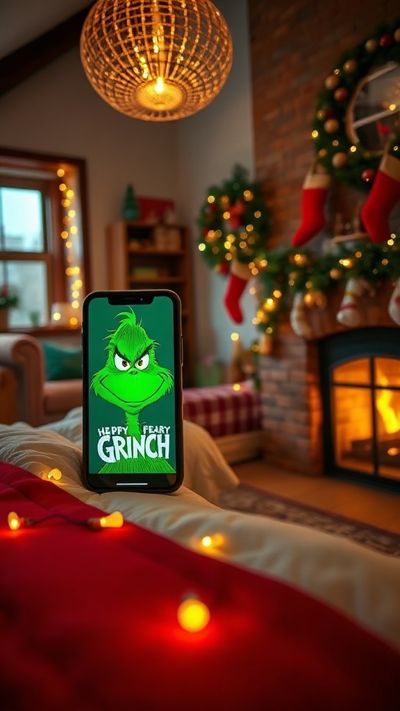 A smartphone displaying a Grinch-themed wallpaper in a festive holiday setting with decorations.