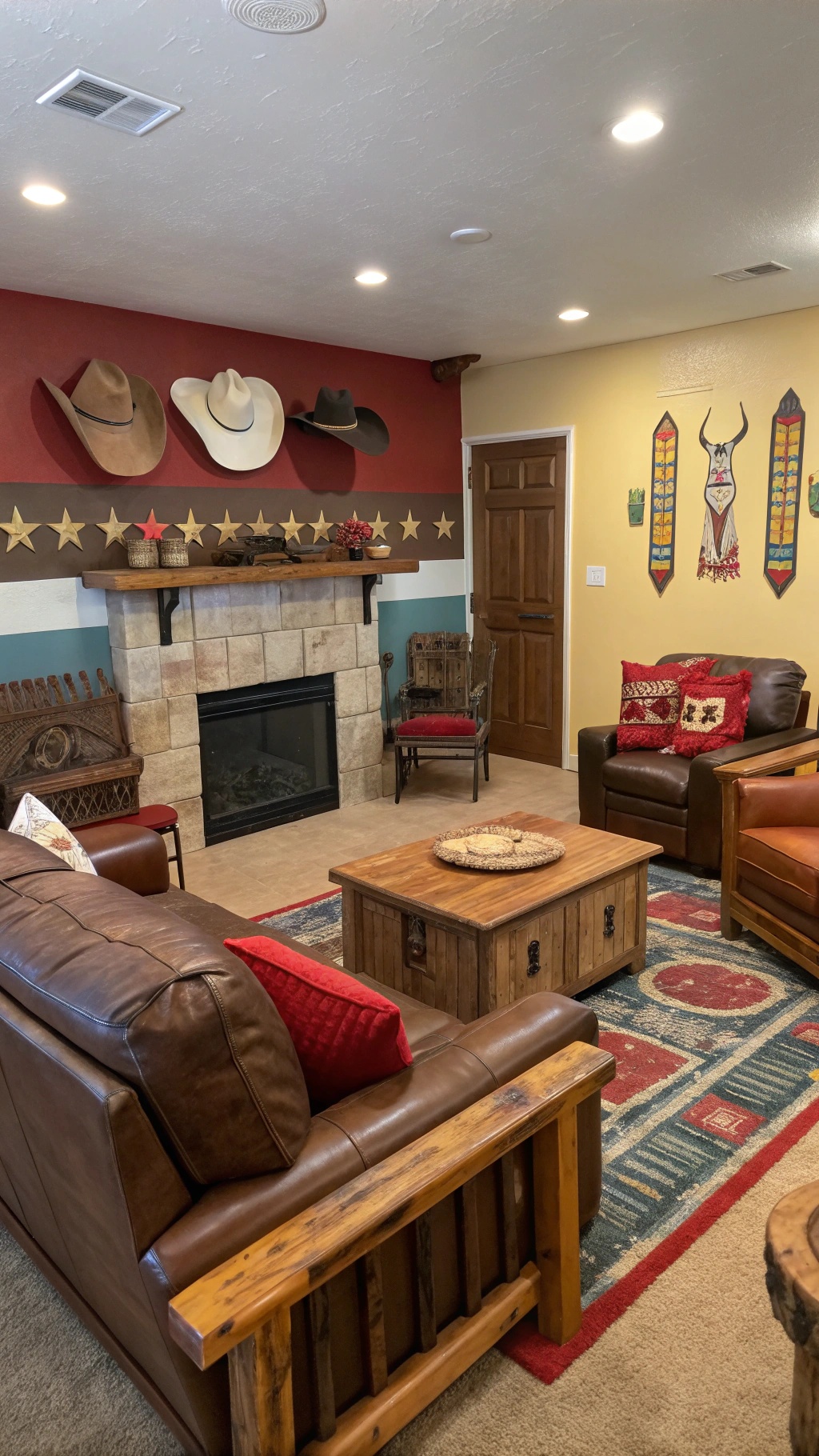 35 Must-Have Items for the Perfect Cowboy Living Room Cozy cowboy living room with leather sofas, wooden accents, and cowboy hats on the wall.