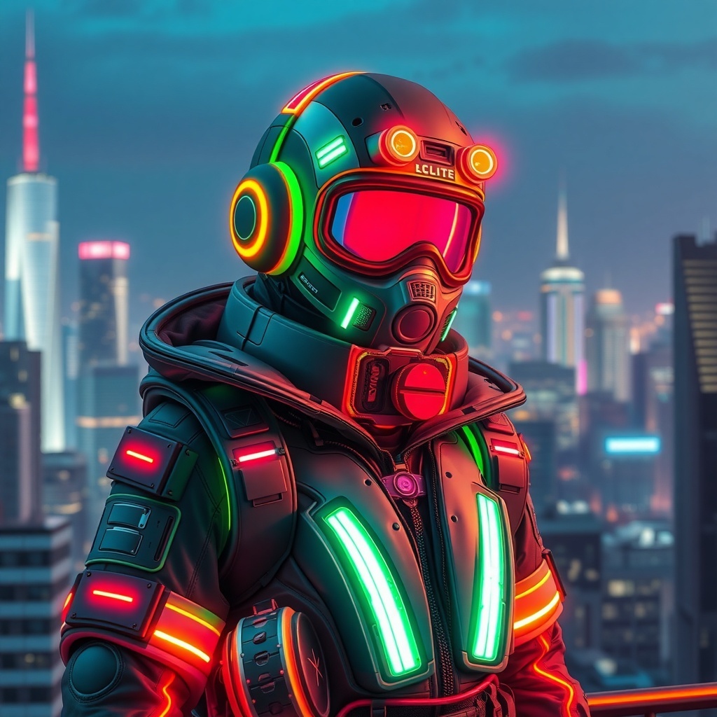 50 Spooktacular Halloween Costumes for Every Theme and Style A person in futuristic cyberpunk attire with neon lights and a city skyline in the background.