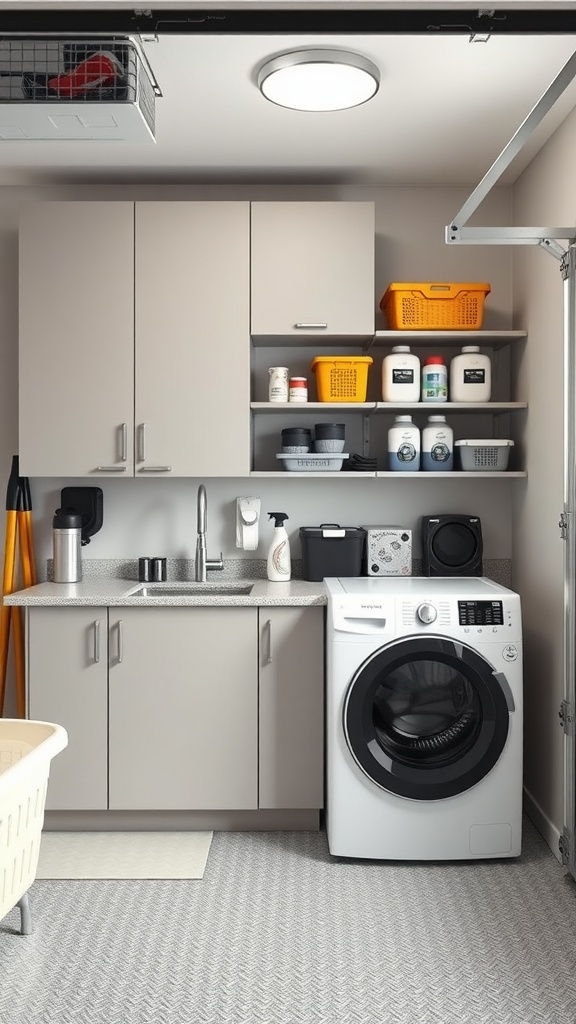 Organized garage laundry room with cabinets, shelves, and washing machine.