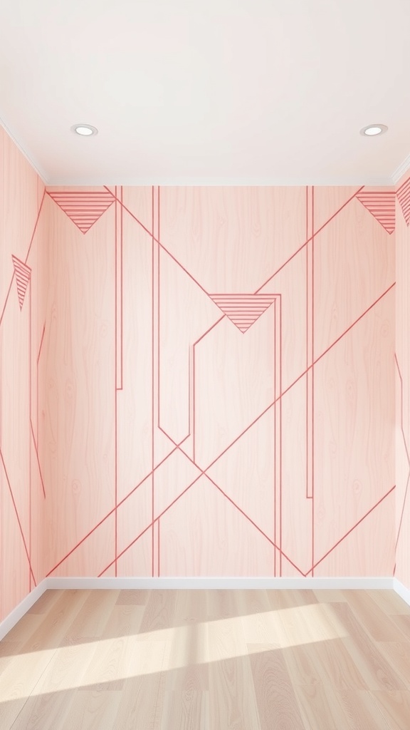 Interior with light pink wallpaper featuring geometric designs