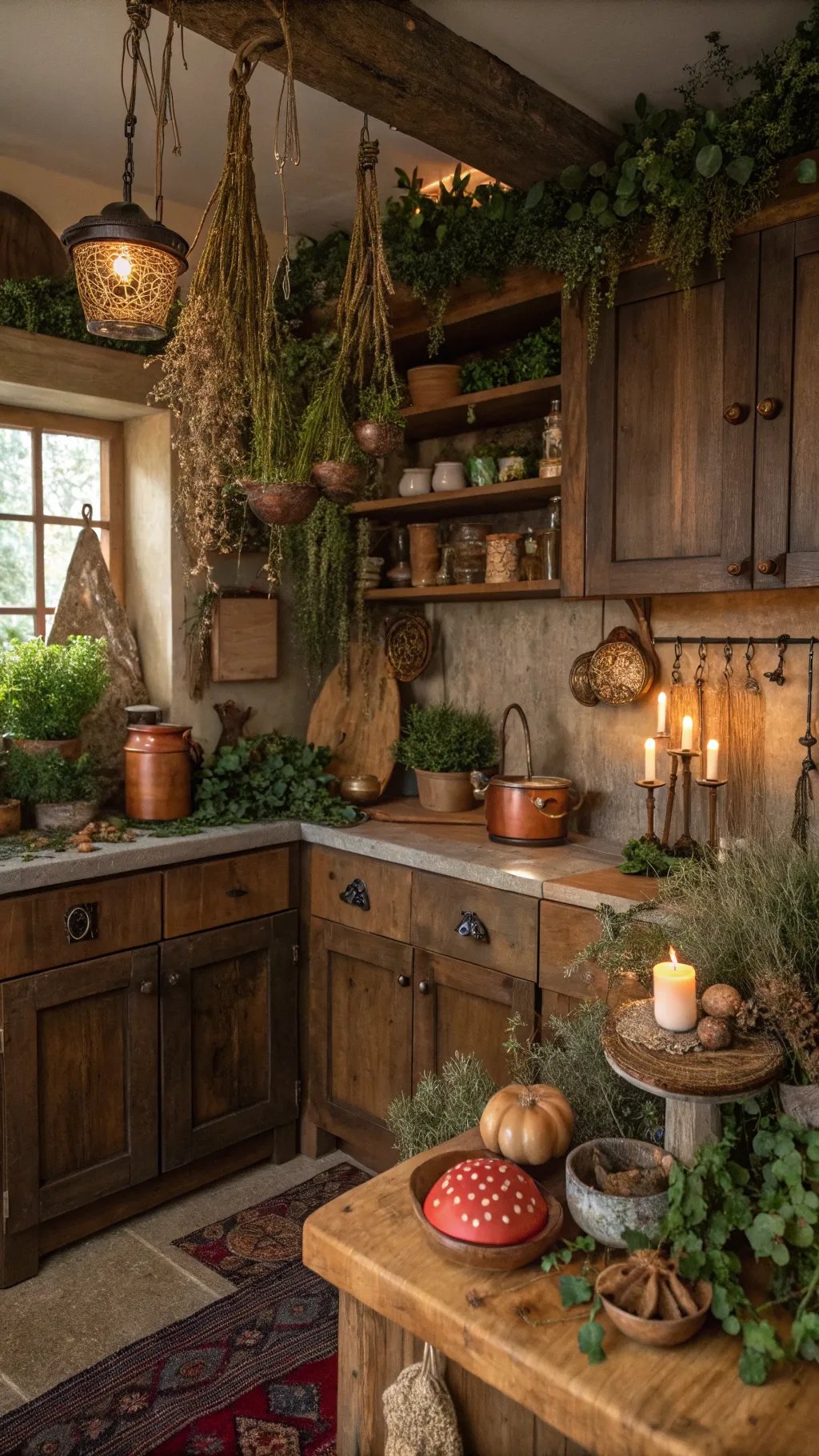 A cozy goblincore kitchen featuring wooden cabinets, hanging herbs, and earthy decorations.
