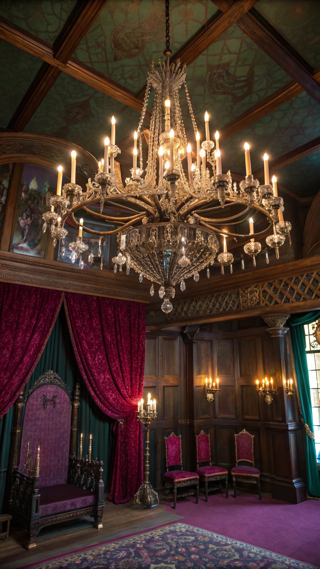 Whimsical Goth Room Decor: Crafting a Magical, Moody Sanctuary A gothic-inspired room featuring a grand chandelier, rich drapes, and elegant wall sconces.