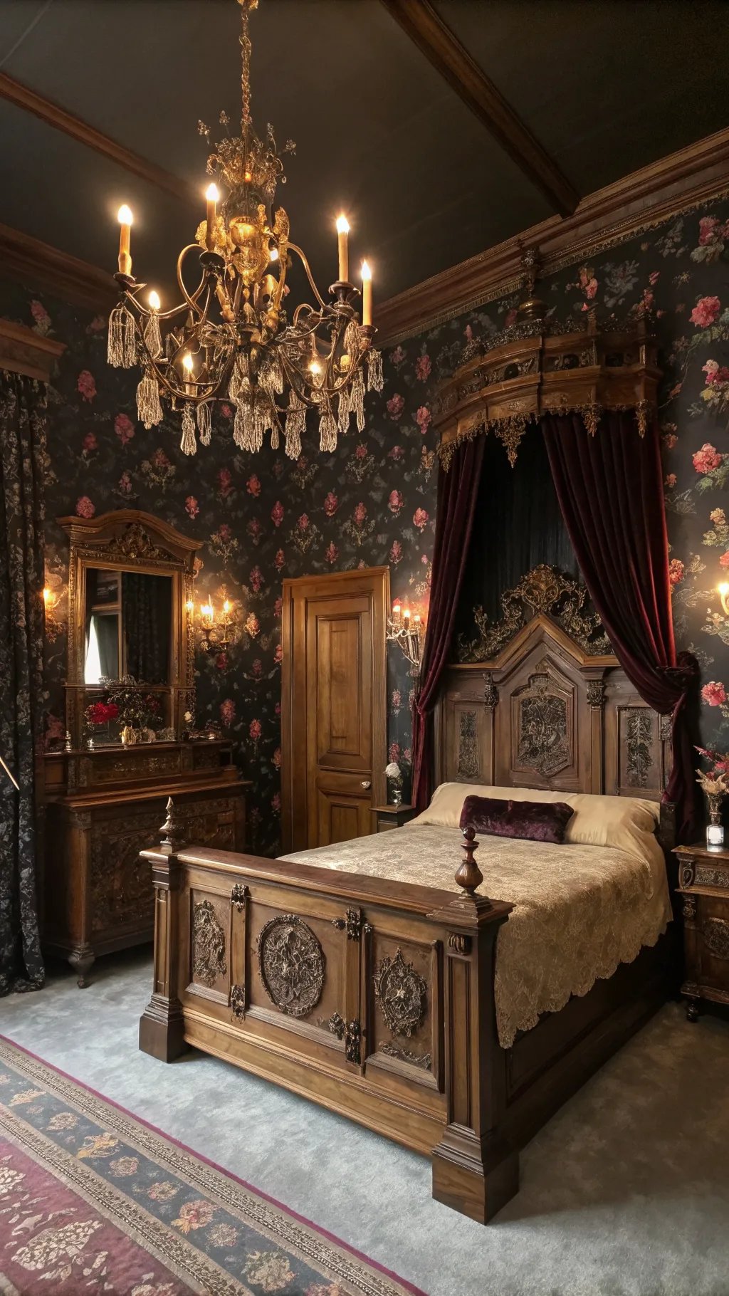 A Gothic antique bedroom featuring dark floral wallpaper, an ornate wooden bed, and a chandelier.