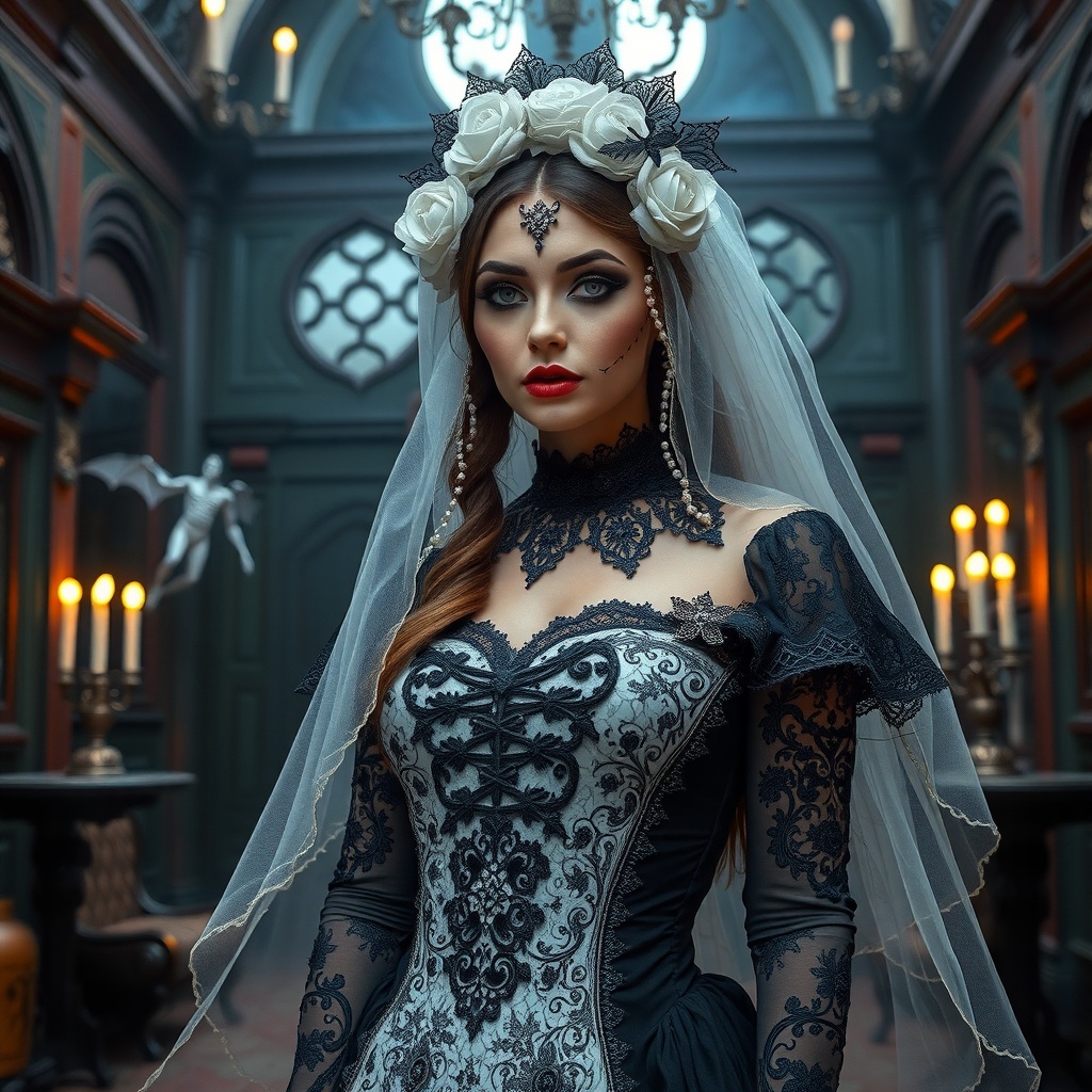 50 Spooktacular Halloween Costumes for Every Theme and Style A model in a Gothic Bride costume featuring a black and white dress, veil, and floral crown.
