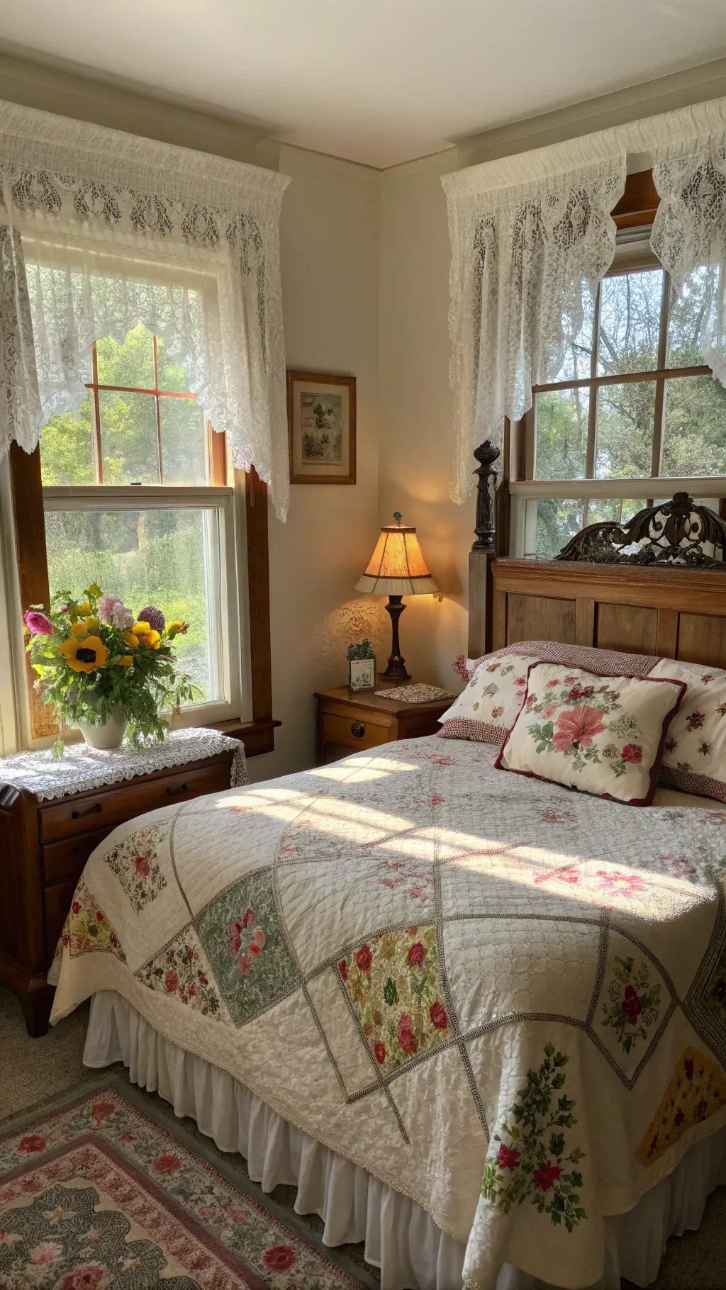 A cozy bedroom featuring a vintage quilt, lace curtains, and a vase of colorful flowers on the windowsill.