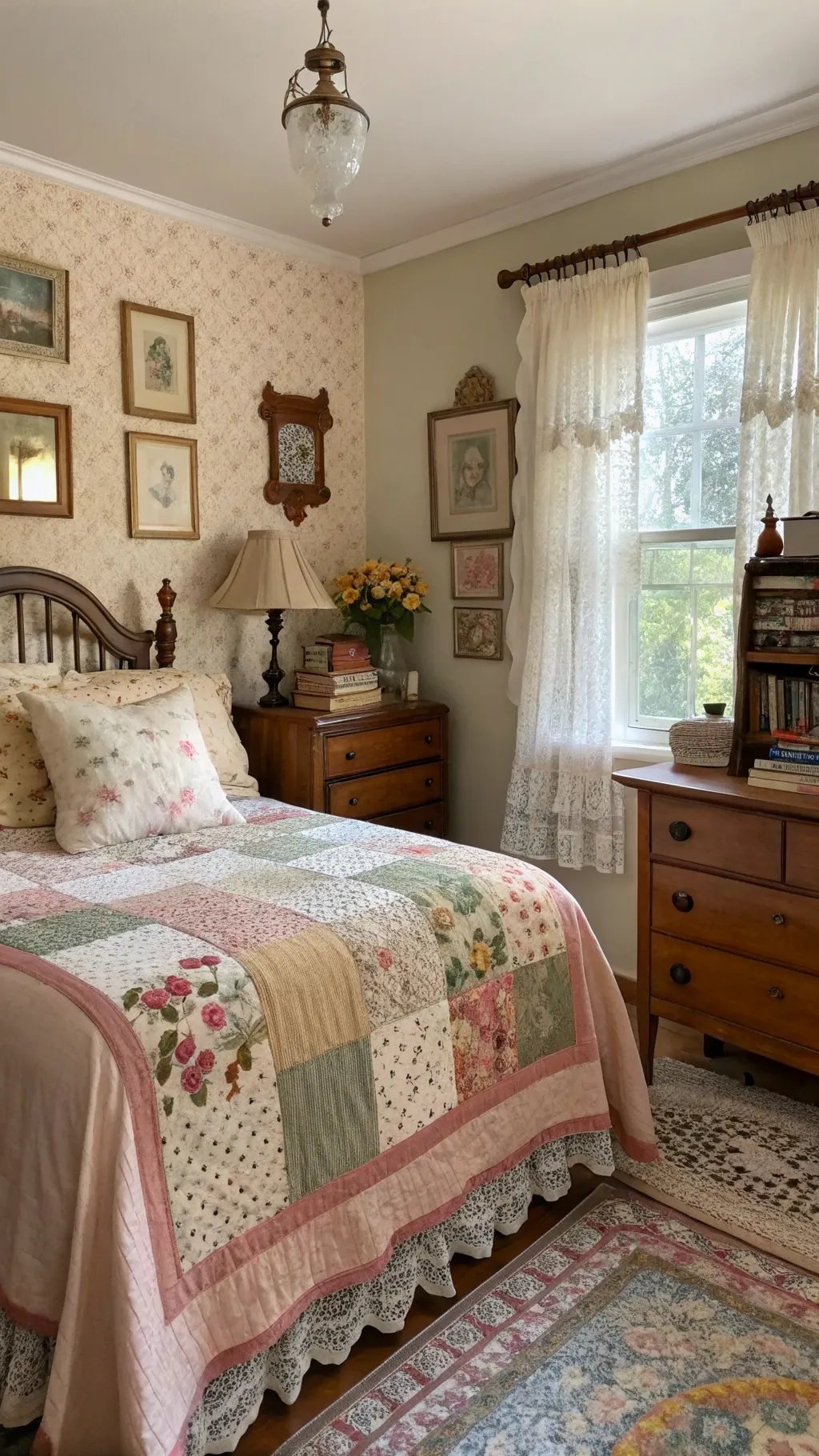 Cozy Granny Chic bedroom with quilt, floral decor, and vintage furniture.