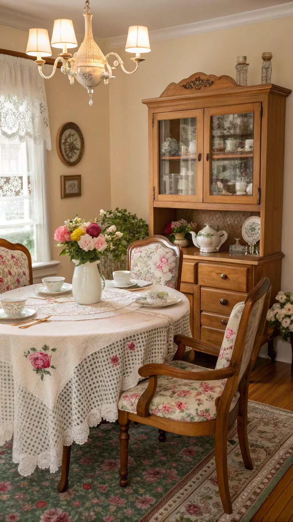 A cozy granny chic dining room featuring a round table with a lace tablecloth, floral chairs, and a wooden sideboard.