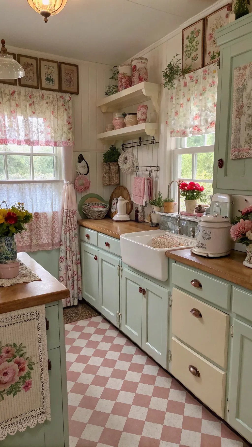 A cozy granny chic kitchen featuring pastel green cabinets, floral curtains, and rustic wooden accents.