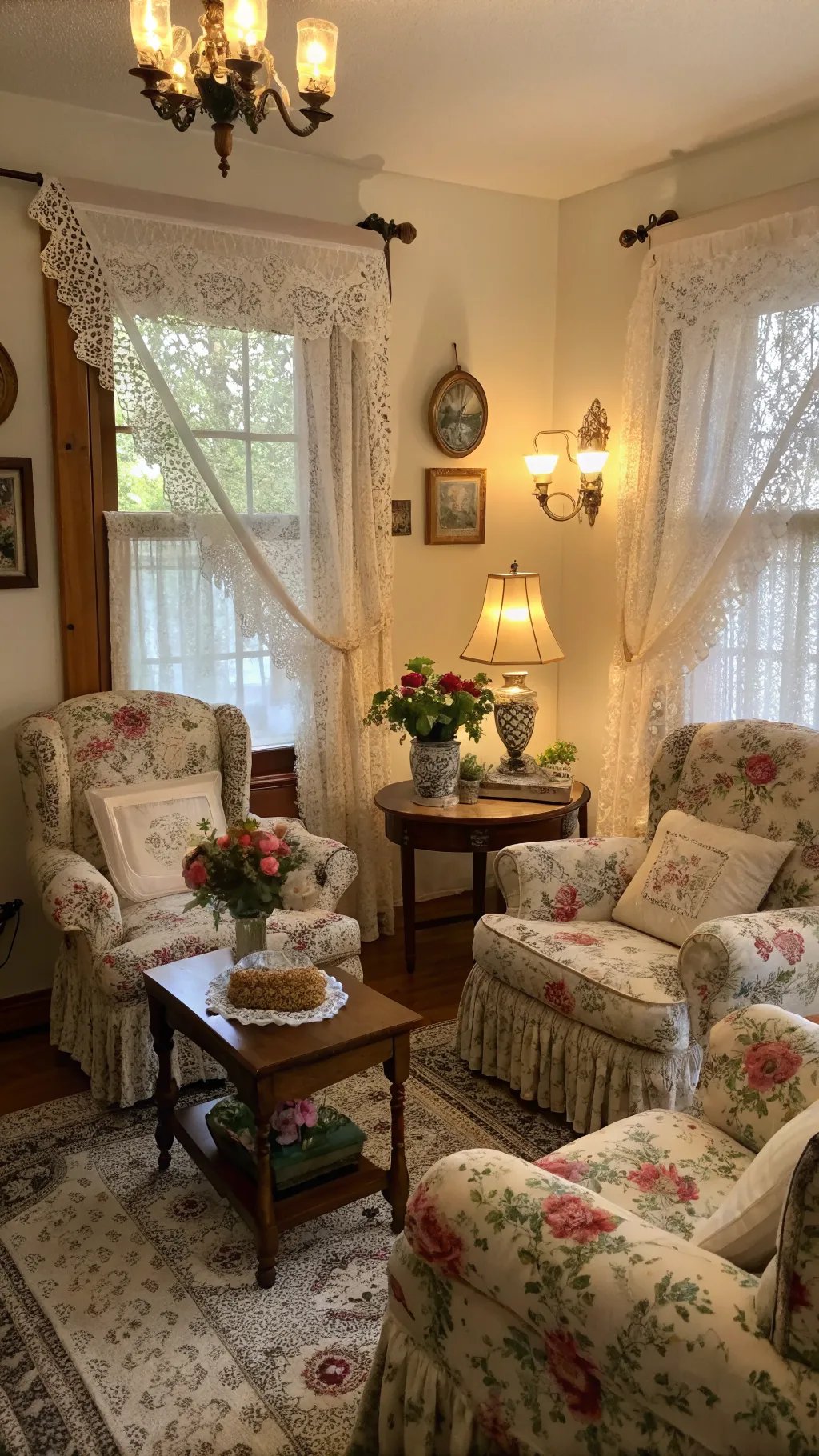 Cozy vintage living room with floral couches and lace curtains.