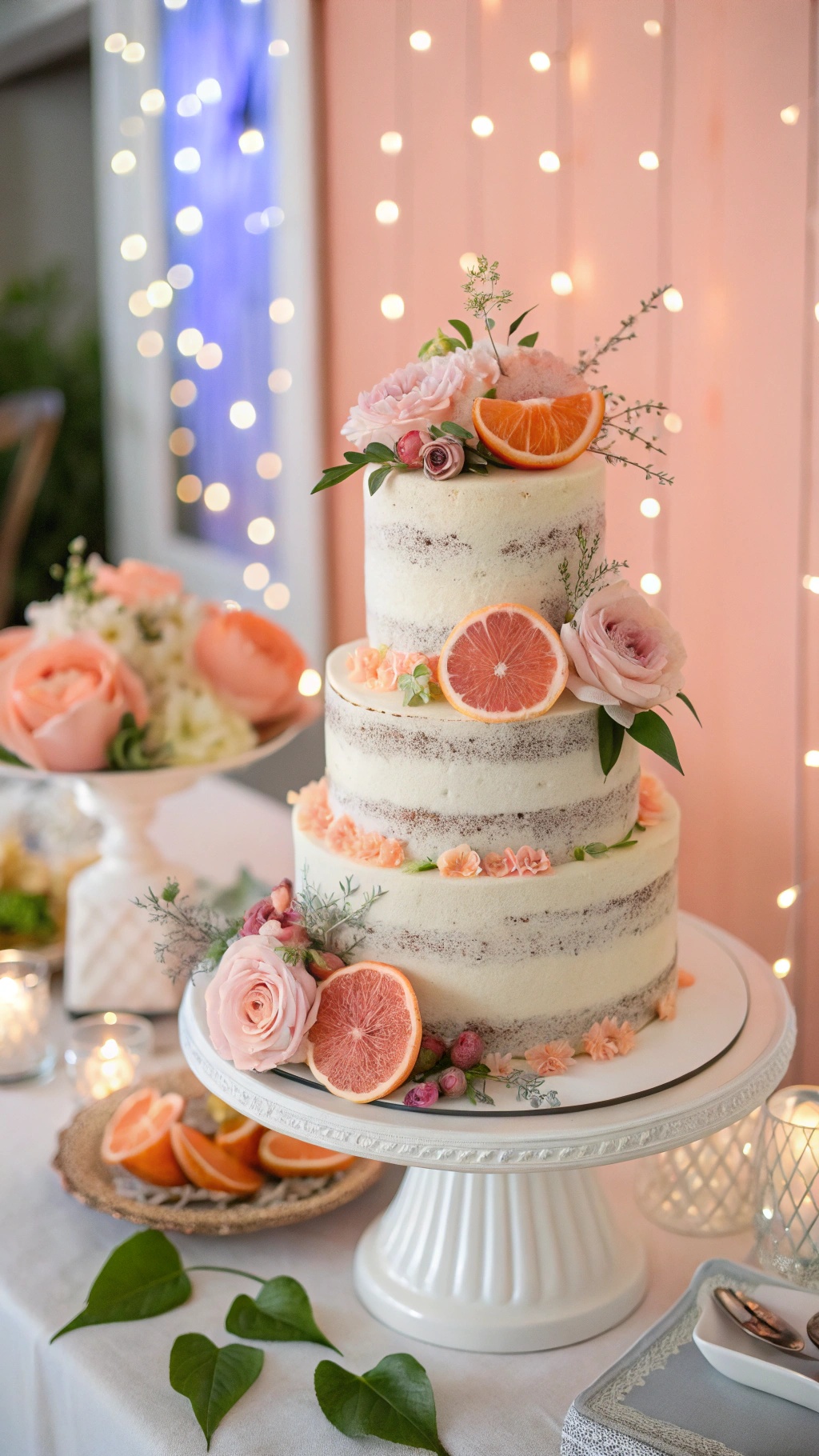 A three-tier grapefruit poppyseed wedding cake decorated with flowers and grapefruit slices.